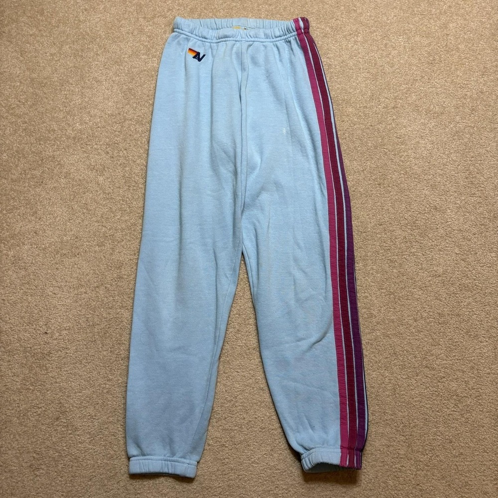 Aviator Nation Sweatpants Womens XS Blue Rainbow Side Stripe Jogger Pants USA